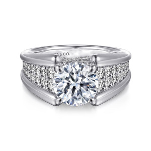 Gabriel & Co. ER12351R8W44JJ 14 karat white gold Contemporary engagement ring, front view of a round center between raised rails and two rows of stones each side