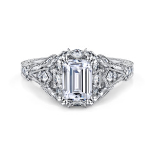 Gabriel & Co. ER12579E4W44JJ 14 karat white gold Victorian engagement ring, front view of an emerald cut center inside a small diamond frame with paired corner prongs
