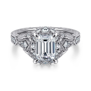 Gabriel & Co. ER12579E6W44JJ 14 karat white gold Victorian engagement ring, front view of an emerald cut center inside a halo of small stones in beaded edged frames