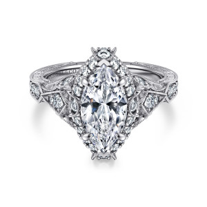 Gabriel & Co. ER12579M6W44JJ 14 karat white gold Victorian engagement ring, front view of a marquise center in a halo with a small stone at each pointed end