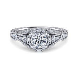 Gabriel & Co. ER12579R3W44JJ 14 karat white gold Victorian engagement ring, front view of a round center inside a small diamond halo with leaf and kite shaped panels