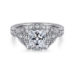 Gabriel & Co. ER12579S6W44JJ 14 karat white gold Victorian engagement ring, front view of a square center in a beaded halo with kite shaped stone panels on the shoulders