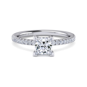 Gabriel & Co. ER13903S4W44JJ 14 karat white gold Classic engagement ring, front view of a princess cut center in corner prongs above a slender diamond band