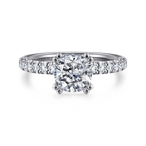 Gabriel & Co. ER13904C6W44JJ 14 karat white gold Classic engagement ring, front view of a cushion center held by paired bead tipped prongs at each corner
