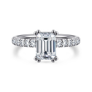 Gabriel & Co. ER13904E6W44JJ 14 karat white gold Classic engagement ring, front view of an emerald cut center with a pair of ball tipped prongs at each corner