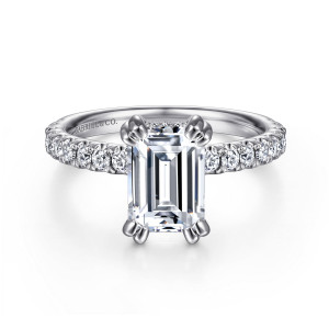 Gabriel & Co. ER13904E8W44JJ 14 karat white gold Classic engagement ring, front view of an emerald cut center held by a closely set pair of prongs at each corner