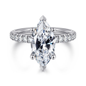 Gabriel & Co. ER13904M12W44JJ 14 karat white gold Classic engagement ring, front view of a marquise center held by ball tipped claws and V tips at its points