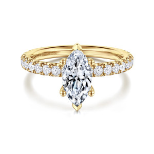 Gabriel & Co. ER13904M4Y44JJ 14 karat yellow gold Classic engagement ring, front view of a marquise center with V-shaped end tips, ball tipped claws and diamonds on each shoulder