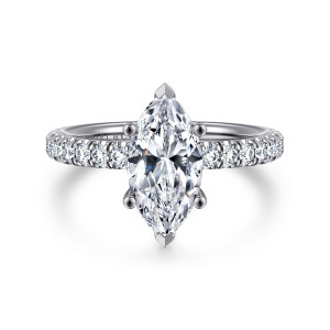 Gabriel & Co. ER13904M6W44JJ 14 karat white gold Classic engagement ring, front view of a marquise with pointed end tips and ball tipped side prongs over a diamond band