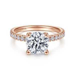 Gabriel & Co. ER13904R8K44JJ 14 karat rose gold Classic engagement ring, front view of a round center with ball tipped claws and round diamonds along the shoulders
