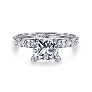 Gabriel & Co. ER13904S8W44JJ 14 karat white gold Classic engagement ring, front view of a princess cut center in squared corner prongs between rows of shoulder diamonds