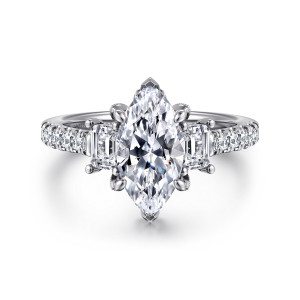 Gabriel & Co. ER14069M6W44JJ 14 karat white gold Contemporary engagement ring, front view of a marquise center between two step cut side stones and diamonds on the shoulders