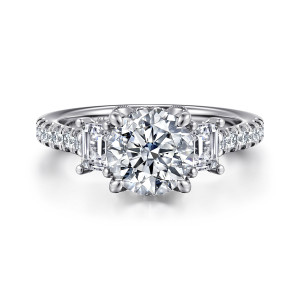 Gabriel & Co. ER14069R6W44JJ 14 karat white gold Contemporary engagement ring, front view of a round center with a step cut stone on either side and diamond shoulders