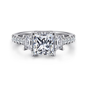 Gabriel & Co. ER14069S6W44JJ 14 karat white gold Contemporary engagement ring, front view of a square center in corner prongs, with a step cut stone on each side