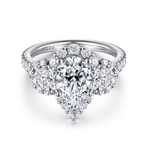 Gabriel & Co. ER14076P6W44JJ 14 karat white gold Contemporary engagement ring, front view of a pear shaped center in a halo with a half moon diamond on each side