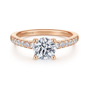 Gabriel & Co. ER14399R4K44JJ 14 karat rose gold Classic engagement ring, front view of a round center in ball tipped prongs above shoulders of round diamonds