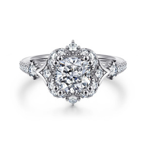 Gabriel & Co. ER14411C6W44JJ 14 karat white gold Victorian engagement ring, front view of a scalloped halo with ball tipped prongs and a pointed stone at top and bottom