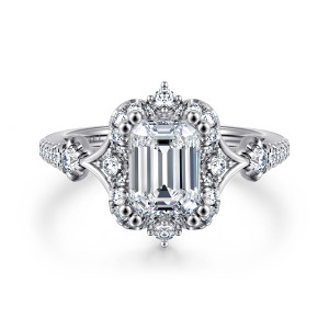 Gabriel & Co. ER14411E6W44JJ 14 karat white gold Victorian engagement ring, front view of a scalloped halo with corner beads around an emerald cut center and split shoulders