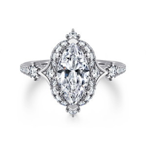 Gabriel & Co. ER14411M6W44JJ 14 karat white gold Victorian engagement ring, front view of a marquise center ringed by diamonds with a stone capping each tip