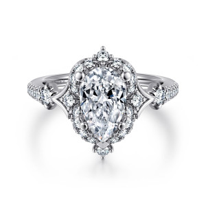Gabriel & Co. ER14411P6W44JJ 14 karat white gold Victorian engagement ring, front view of a pear shaped center in a halo with a small raised stone at each end