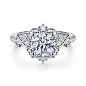 Gabriel & Co. ER14411R6W44JJ 14 karat white gold Victorian engagement ring, front view of a scalloped halo around a round center with ball tipped prongs