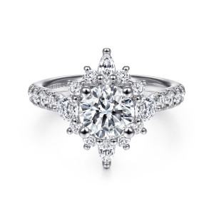 Gabriel & Co. ER14450R4PT4JJ platinum Starlight engagement ring, front view of a round center inside a pointed starburst halo with larger round stones at each side