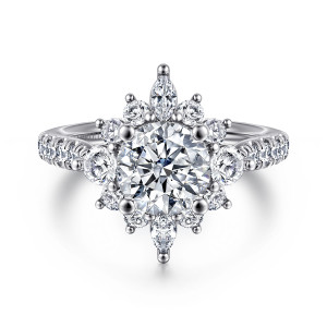 Gabriel & Co. ER14450R6W44JJ 14 karat white gold Starlight engagement ring, front view of the starburst halo with an elongated stone at the top and bottom points