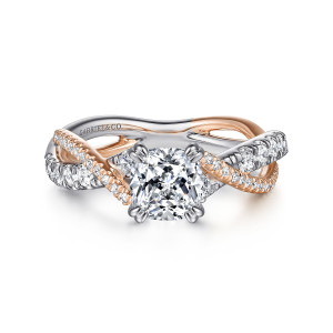 Gabriel & Co. ER14460C4T44JJ 14 karat white and rose gold Contemporary engagement ring, front view of crossing strands rising to a cushion center in doubled claw prongs