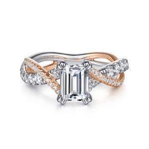 Gabriel & Co. ER14460E4T44JJ 14 karat white and rose gold Contemporary engagement ring, front view of an emerald cut center in paired prongs with strands crossing on both sides