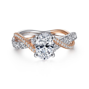 Gabriel & Co. ER14460O4T44JJ 14 karat white and rose gold Contemporary engagement ring, front view of an oval center in four prongs above crossing strands set with small diamonds