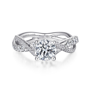 Gabriel & Co. ER14460R4PT4JJ platinum Contemporary engagement ring, front view of a round center in four prongs between strands crossing over on each side
