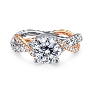 Gabriel & Co. ER14460R6T44JJ 14 karat white and rose gold Contemporary engagement ring, front view of a round center with ball tipped prongs and strands crossing on both shoulders