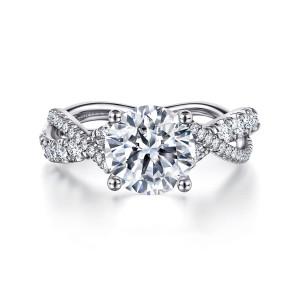 Gabriel & Co. ER14460R8W44JJ 14 karat white gold Contemporary engagement ring, front view of the round center with two diamond set strands crossing over on each shoulder