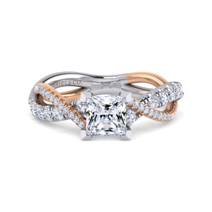 Gabriel & Co. ER14460S4T44JJ 14 karat white and rose gold Contemporary engagement ring, front view of a princess cut center with round stones at its sides and crossing strands