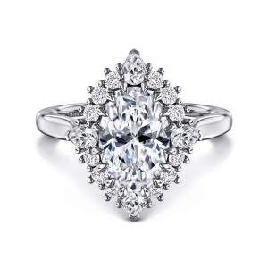 Gabriel & Co. ER14475O8W44JJ 14 karat white gold Starlight engagement ring, front view of the pointed halo with elongated stones at the ends and sides of the oval