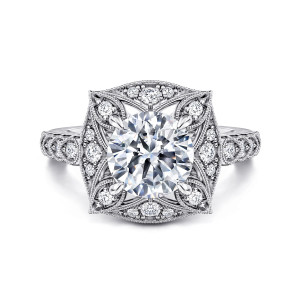 Gabriel & Co. ER14481R8W44JJ 14 karat white gold Victorian engagement ring, front view of a round center inside a beaded frame with four pointed petal corners