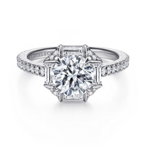 Gabriel & Co. ER14526R6W44JJ 14 karat white gold Art Deco engagement ring, front view of a round center within four baguettes and corner clusters of tiny stones