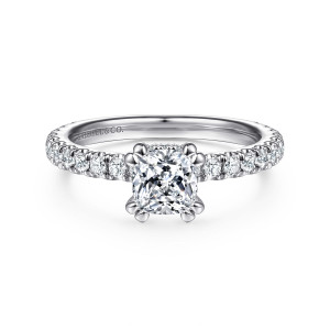 Gabriel & Co. ER14649C4PT4JJ platinum Classic engagement ring, front view of a cushion cut center in paired prongs above a band of round diamonds
