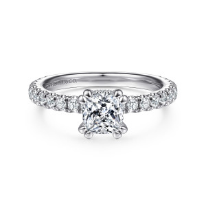 Gabriel & Co. ER14649C4W44JJ 14 karat white gold Classic engagement ring, front view of the cushion center with paired corner prongs and stones along the band