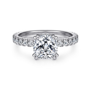 Gabriel & Co. ER14649C8W44JJ 14 karat white gold Classic engagement ring, front view of a cushion center with paired prongs above a band of small diamonds