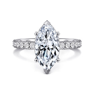 Gabriel & Co. ER14649M12W44JJ 14 karat white gold Classic engagement ring, front view of a pointed marquise shaped center with V tips and round side claws