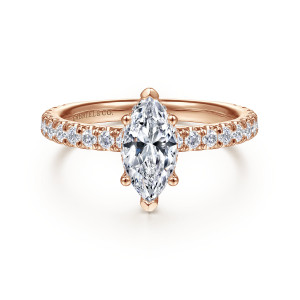 Gabriel & Co. ER14649M4K44JJ 14 karat rose gold Classic engagement ring, front view of a marquise center between heart shaped tip prongs, with round diamonds along the band