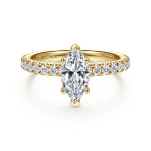 Gabriel & Co. ER14649M4Y44JJ 14 karat yellow gold Classic engagement ring, front view of a marquise seat with pointed end prongs and round diamonds along the shoulders