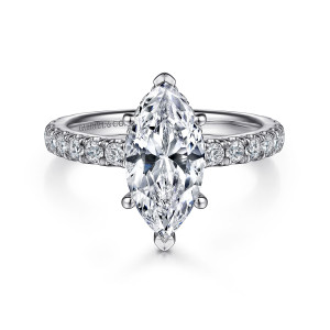 Gabriel & Co. ER14649M8W44JJ 14 karat white gold Classic engagement ring, front view of a marquise center with pointed prong tips and round stones stepping down the shoulders