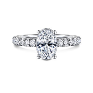 Gabriel & Co. ER14649O5W44JJ 14 karat white gold Classic engagement ring, front view of an oval center in four prongs with a beaded rim and diamonds along the shoulders