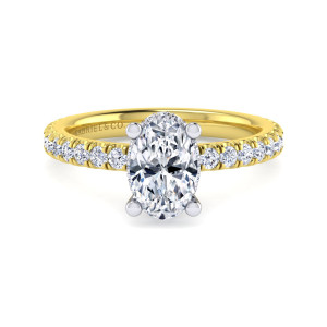 Gabriel & Co. ER14649O6M44JJ 14 karat white and yellow gold Classic engagement ring, front view of an oval center held by four rounded prongs above a band of small diamonds