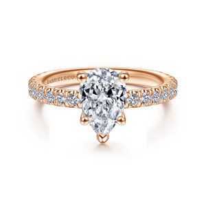 Gabriel & Co. ER14649P4K44JJ 14 karat rose gold Classic engagement ring, front view of a pear shaped center with round diamonds running along both shoulders