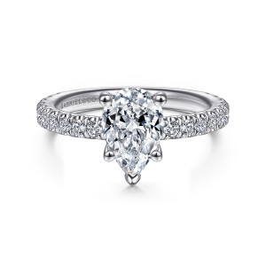 Gabriel & Co. ER14649P4PT4JJ platinum Classic engagement ring, front view of a pear shaped center with a heart shaped tip prong and diamonds along the band