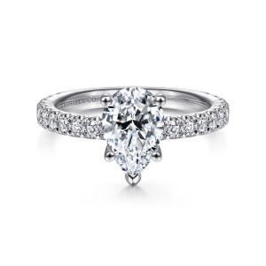 Gabriel & Co. ER14649P4W44JJ 14 karat white gold Classic engagement ring, front view of a pear shaped center with round diamonds along both shoulders