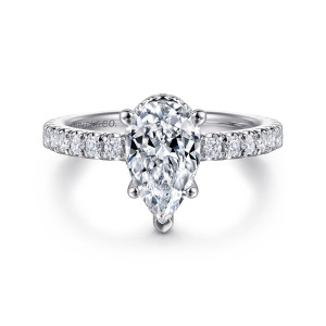 Gabriel & Co. ER14649P6W44JJ 14 karat white gold Classic engagement ring, front view of a pear shaped center with round diamonds along both shoulders